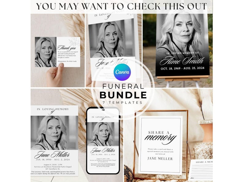 May include: A collection of funeral templates, including memorial cards, a smartphone graphic, and a sign that says "Share a Memory." The templates feature a black and white photo of a woman and text.