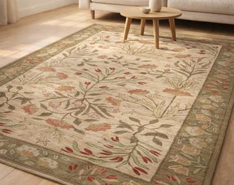 100% wollen vloerkleed met bloemen, beige saliegroen vintage design, gezellig woonkamerdecor