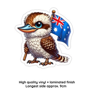 Calcomanía impermeable laminada de vinilo: Cucaburra con bandera australiana en estilo caricatura. Diario para portátil con botella de agua.