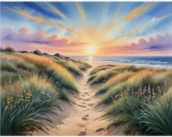 Wildflower Beach Print: Seaside Sunset, Sand Dunes Wall Art