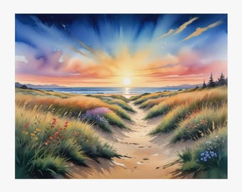Wildflower Beach Print: Seaside Sunset, Sand Dunes Wall Art