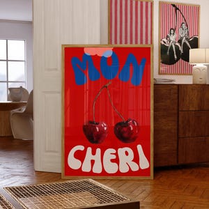 Mon Cheri print, fruit muurkunst, rode poster esthetiek, retro muurkunst, maximalistische print, kersen poster voor appartement, digitale download