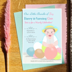 Bewerkbare uitnodiging voor verjaardagsfeestje babyjongen met gratis bedankkaartje | Digitale uitnodiging