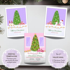 Set van 3 bewerkbare kerstkaarten en uitnodigingssjabloon | Retro kerstkaarten | Kerstuitnodiging | Digitale kaarten en uitnodiging
