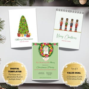 Set van 3 bewerkbare kerstkaarten en uitnodigingssjabloon | Kerstkaarten | Kerstuitnodiging | Digitale kaarten en digitale uitnodiging
