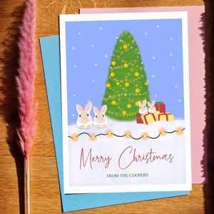 Bewerkbare kerstkaartsjabloon | Leuke kerstkaart | Besneeuwde kerstkaart | Dieren Kerstmis | Kerstkaart konijnen | Digitale kaart