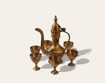Vintage Persian Brass Coffee Service Set - With Turquoise & Coral Cabochon