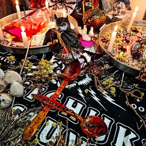 以下が含まれることがあります： オカルトをテーマにした様々なアイテムを配置した静物画。フクロウの置物、ろうそく、装飾的なスプーン、その他の儀式的なオブジェクトが含まれています。赤、オレンジ、黒を基調とした色使いで、神秘的な雰囲気を醸し出しています。