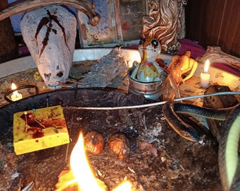 Puede incluir: Una escena con poca luz con una llama en el centro. Se ven una serpiente, una muñeca y una estatua de un ángel. Otros elementos incluyen una calavera, velas y un pequeño bloque de madera. Tema místico o ritual.