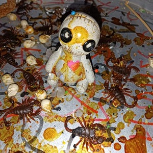 May include: A white and tan voodoo doll with black button eyes and a heart-shaped patch on its chest. The doll is surrounded by brown scorpions and small white skulls on a metal tray.