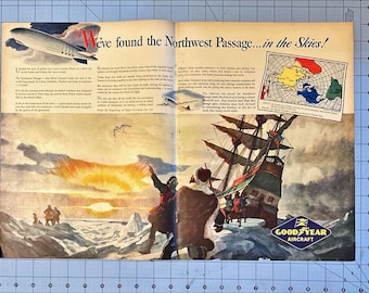 1943 Goodyear Blimp Explorers Northwest Passage Centerfold Print Ad