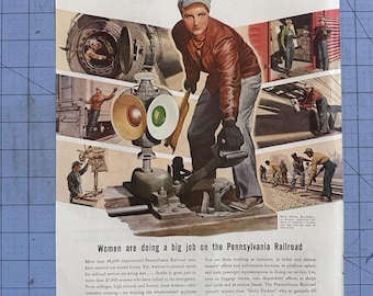 Pennsylvania Railroad Color Print Ad WW2 Era Molly Pitcher 1944 Female Worker