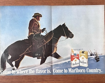 VTG 1969 Original Magazine Ad Marlboro Cigarettes Horse & Cowboy In Snow