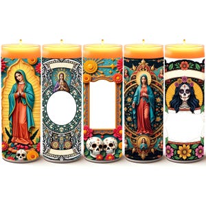 Tall Cylinder prayer Candle custom Labels stickers Design (Set of 4) memorial and Christmas Our Lady of Guadalupe Feast Day JPG & PNG