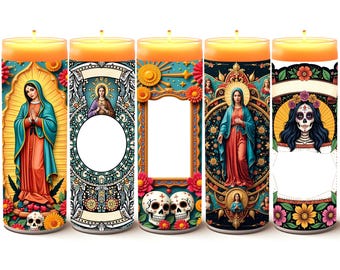 May include: Set of five colorful candles with different designs. The candles feature images of religious figures, skulls, and floral patterns. The candles are all the same size and shape.