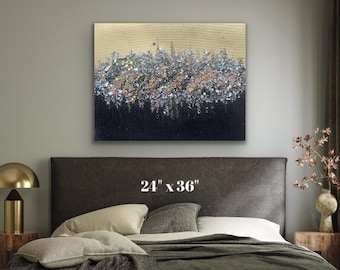 Goud en zwart glitter abstracte kunst, getextureerde metalen canvas schilderij met kristallen accenten, modern glamour muurdecoratie, handgemaakt schilderij, glamour