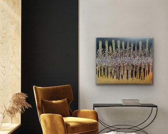 Abstracte canvas kunst met textuur in goud en zwart, glitterdrip schilderij, luxe wanddecoratie