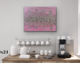 Cuadro en lienzo rosa palo con purpurina y perlas / Decoración abstracta glamurosa en malva texturizado
