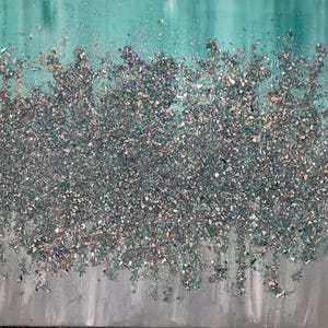 Turquoise + Silver Bling Painting|Teal + Silver Shattered Glass| Teal, Silver, Purple Glitter Art| Bling, Glam Painting|Sparkly Wall Decor