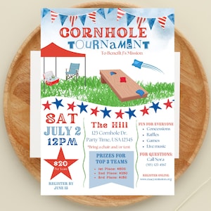 Editable Cornhole Tournament invite flyer, Fundraiser Tournament, Memorial Day tournament, 4th of July tournament, Red White and Blue