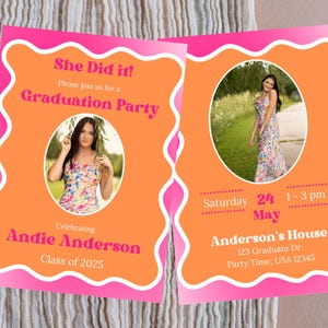 Faire-part de remise des diplômes rétro rose et orange, modèle modifiable, faire-part à téléchargement immédiat, invitation photo, fête d'anniversaire, elle l'a fait