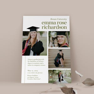 Carte d'études supérieures personnalisable moderne 5 x 7, téléchargement imprimable, faire-part unique pour les diplômés 2025 imprimable, faire-part pour les diplômés de la galerie de photos découpe