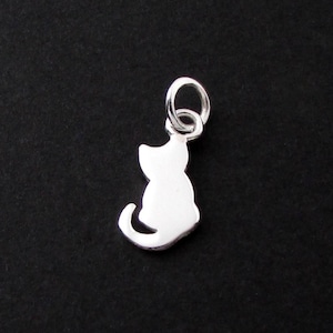 May include: A small, silver-colored cat charm. The charm is in the shape of a sitting cat with a curled tail. It has a loop at the top for attaching to a necklace or bracelet. The charm is likely made of sterling silver.