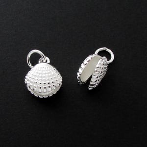 May include: Two silver-colored seashell-shaped jewelry findings. One is closed, and the other is open, revealing a white interior. Both have a small loop at the top for attaching to a chain or other jewelry component. The background is black.
