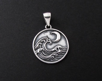 Sterling Silver Ocean & Moon Pendant Necklace, Ocean  Pendant Necklace, Ocean Pendant, Moon Charm, Moon Pendant