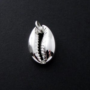 May include: A polished silver cowrie shell pendant. The pendant has a smooth, reflective surface and a detailed, textured interior. It is designed with a loop for a chain or cord, set against a black background.