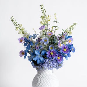 Artificial Blue & Lilac Flower Bouquet – Faux Wildflowers, Poppies, Hydrangeas and Delphiniums