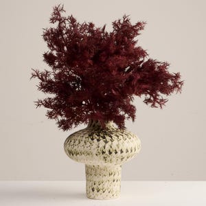Peut inclure: Un vase décoratif avec un dessus bulbeux et une base en piédestal, rempli d'une grappe de fleurs séchées de couleur bordeaux. Le vase présente un motif moucheté blanc cassé et vert, ajoutant une touche de charme rustique à l'arrangement floral.