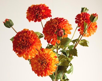 Artificial Large Dahlia Stem in Orange – Real Touch Faux Flower for Bouquets, Arrangements and Home Decor