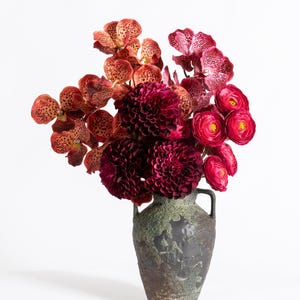 Artificial Arrangement - Bold Red Floral Bouquet – Faux Orchids, Dahlias & Ranunculus for Luxe Decor, Bouquet or Events