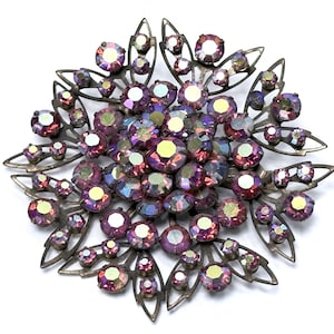 Vintage Starburst Brooch Pink Aurora Borealis Rhinestones Layered Mid Century Jewelry 1960s