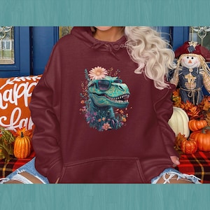 Floral Dino Hoodie | Whimsical Dinosaur Sweatshirt | Cozy Unisex Pullover | Bold Colorful Design