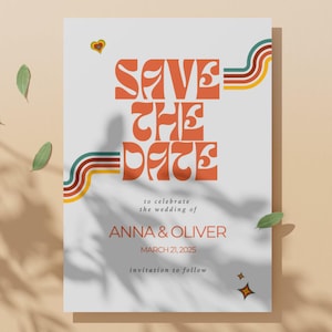 Retro Save the Date Wedding template, 70s Theme Printable Save the date card, Timeless Theme. Instant Download. Edit on Canva