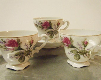 Vintage Demitasse Teacups (3) With Roses ( Moss Rose pattern )