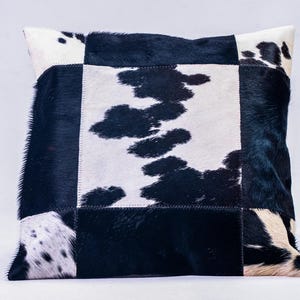Handmade Cowhide Patchwork Cushion Cover – Rustic Farmhouse Pillow