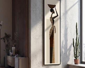 African Wall Art, Tribal Long Narrow Canvas Wall Hanging : Framed Decor, Textured Canvas