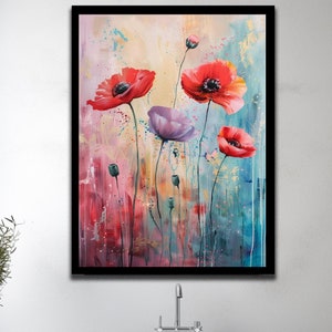 Stampa di papaveri, arte floreale, arte murale su tela, arte di papaveri, arte murale rosa, decorazione di margherite, arte floreale, pareti di fiori, arte murale incorniciata, carta da parati con margherite