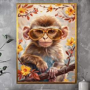 Cute Monkey Art, Canvas Wall Decor, Canvas Print, Monkey With Glasses, Boho Animal Art, Playful Canvas, Adorable Decor, Whimsical Animal,