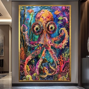 Oktopus Abstrakt, Oktopus Kunst, Angeln Kunst, Graffiti Fisch, Leinwand-Wand-Dekor, Leinwand-Druck, Bunte Barsch, Splash Art gerahmt Leinwand Abstrakt