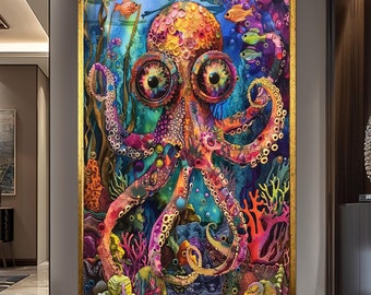 Octopus Abstract, Octopus Art, Fishing Art, Graffiti Fish, Canvas Wall Decor, Canvas Print, Colorful Bass, Splash Art Framed Canvas Abstract