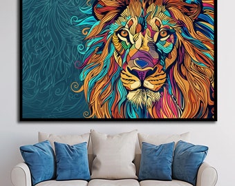 Pop Art Lion Canvas: Colorful Animal Print, Modern Wall Art