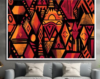 Afrikansk tribal canvastavla: Geometrisk väggdekor, inramad