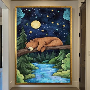 Sleeping Bear Canvas Print: Nursery Wall Decor, Framed Art