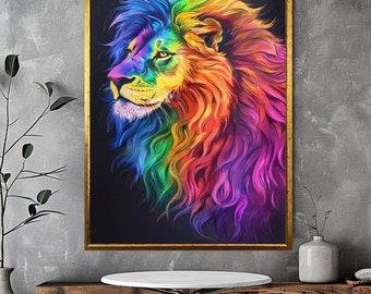 Colorful Lion Canvas Print: Abstract Pop Art Animal Wall Decor