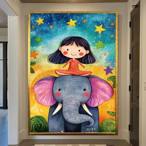 Arte murale, stampa su tela, grande decorazione murale, arte incorniciata, stampe artistiche, elefante bambino, regali di Natale, arte dei cartoni animati, regalo di festa, arredamento per la casa