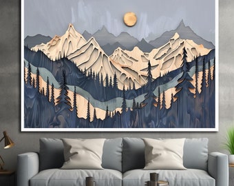 May include: A multi-layered wooden wall art piece featuring a mountain range with light wood peaks, dark blue forest silhouettes, and a circular sun element against a gray sky, all framed within a clean white border on a textured wall.